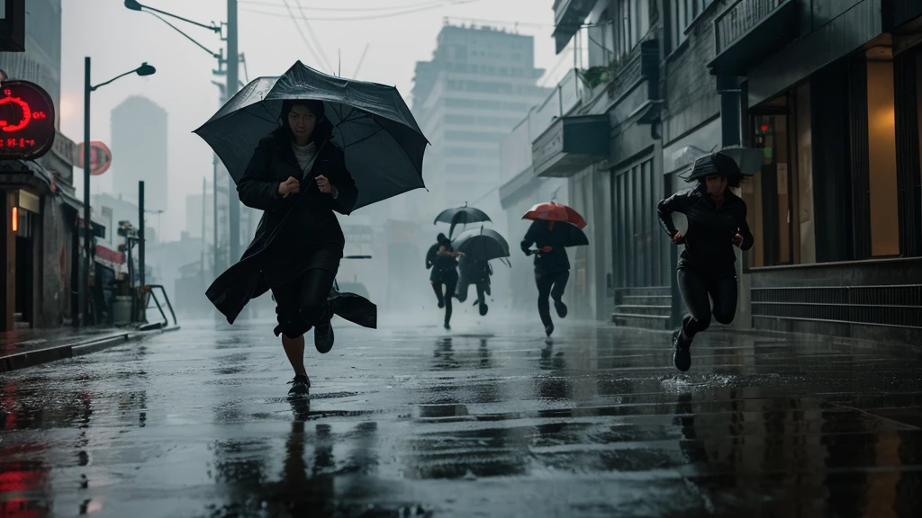 "Suddenly, the woman senses danger and starts to run. Shadowy figures emerge from the alleys, chasing her through the labyrinthine streets of Shanghai. The rain continues to pour, making the pursuit more dramatic as they dodge pedestrians and leap over obstacles."