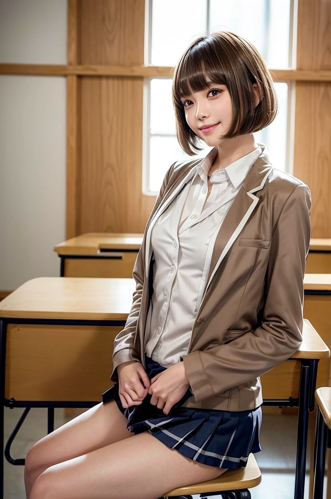 One Woman、((Standing wearing a blazer and miniskirt school uniform))、Primary school students,((small breasts)),Highest quality、Very delicate and beautiful、((Very short bangs))、((Bangs))、明るいつやのある茶色の髪のHighest quality、Very delicate and beautiful、((Very short bangs))、((blunt bangs))、Light shiny brown hair、The hair is light、((Short Bob))、Cute face、Young face、Cute like an idol、Are thin、Slim figure、slender、Short、 body type、((Background is an elementary school classroom))、Shooting from the side、Chair、Sitting、The best smile、profile、