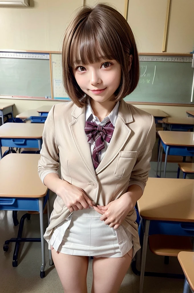 One Woman、((Standing wearing a blazer and miniskirt school uniform))、,((small breasts)),Highest quality、Very delicate and beautiful、((Very short bangs))、((Bangs))、明るいつやのある茶色の髪のHighest quality、Very delicate and beautiful、((Very short bangs))、((blunt bangs))、Light shiny brown hair、The hair is light、((Short Bob))、Cute face、Young face、Cute like an idol、Are thin、Slim figure、slender、Short、 body type、((Background is an elementary school classrom the side、Chair、Sitting、The best smile、profile、