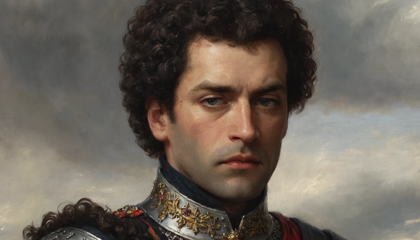 Close-up of the Black Prince, Edward of Woodstock. The image shows Edward of Woodstock in his characteristic battle attire. He wears dark, ornate armor, highlighting intricate details and metallic sheen. His serious face reveals an intense look that reflects his fame and leadership in the war. Her dark, curly hair falls in strands around her face. The prince's eyes shine with resolve, and his posture conveys authority and bravery. The background is diffuse, with hints of a battlefield or tent, highlighting the Black Prince as the central figure and highlighting his historical importance., Hyperrealism, Impressionism, UHD, retina, masterpiece, accurate, anatomically correct, textured skin, super detail, award winning, 8k
