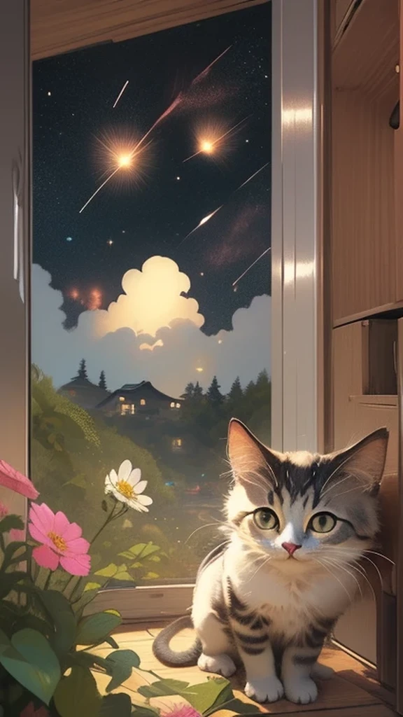 (masterpiece、Ultra-delicate、high resolution),(Romantic、Innocent、art itself、adventure、bold、Tourism elements),(Smile),背景flower田,kitten,flower,night,Meteor Showers,Fields Only,kitten,flower,Meteor Showers