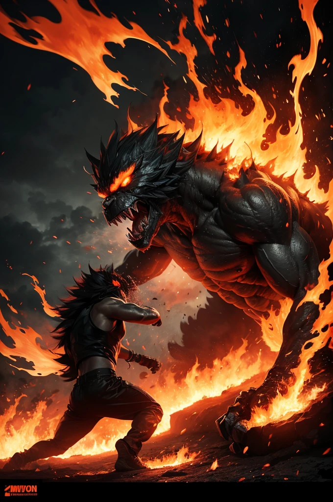 Make an all black monster punching the wind and lots of orange fire around it on a black background
