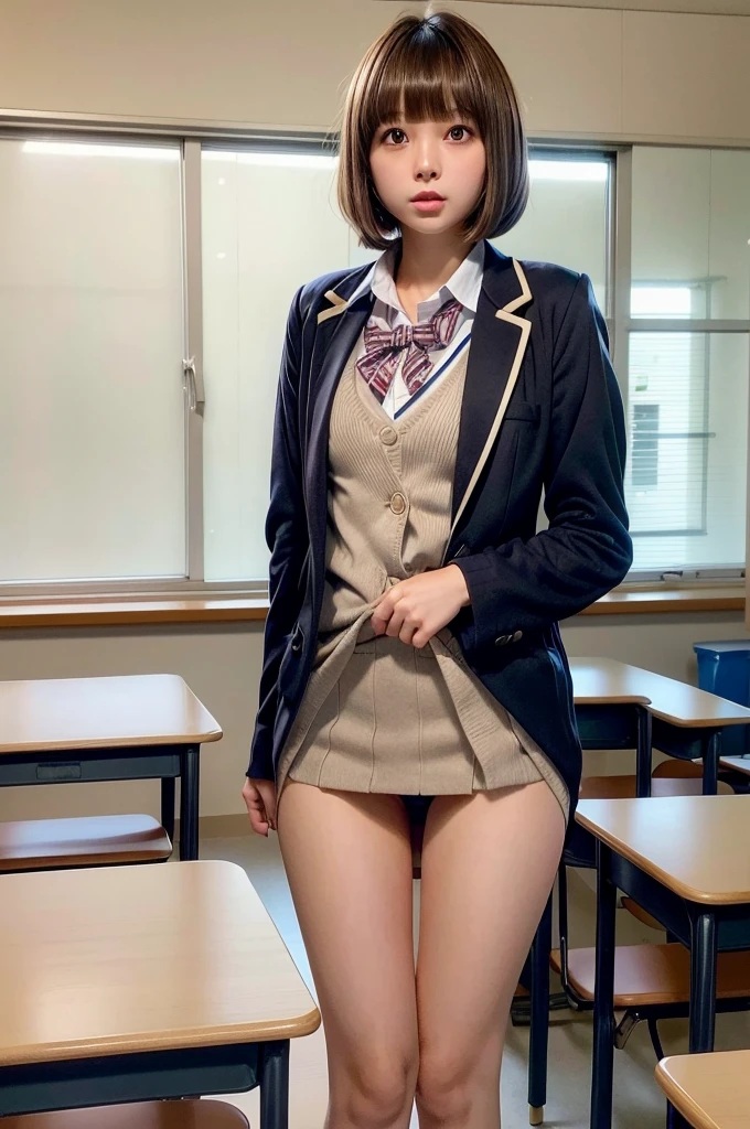 One Woman、((Standing wearing a blazer and miniskirt school uniform))、Primary school students,((small breasts)),Highest quality、Very delicate and beautiful、((Very short bangs))、((Bangs))、明るいつやのある茶色の髪のHighest quality、Very delicate and beautiful、((Very short bangs))、((blunt bangs))、Light shiny brown hair、The hair is light、((Short Bob))、Cute face、Young face、Cute like an idol、Are thin、Slim figure、slender、Short、 body type、((Background is an elementary school classroom))、Shooting from the side、Chair、Sitting、profile、