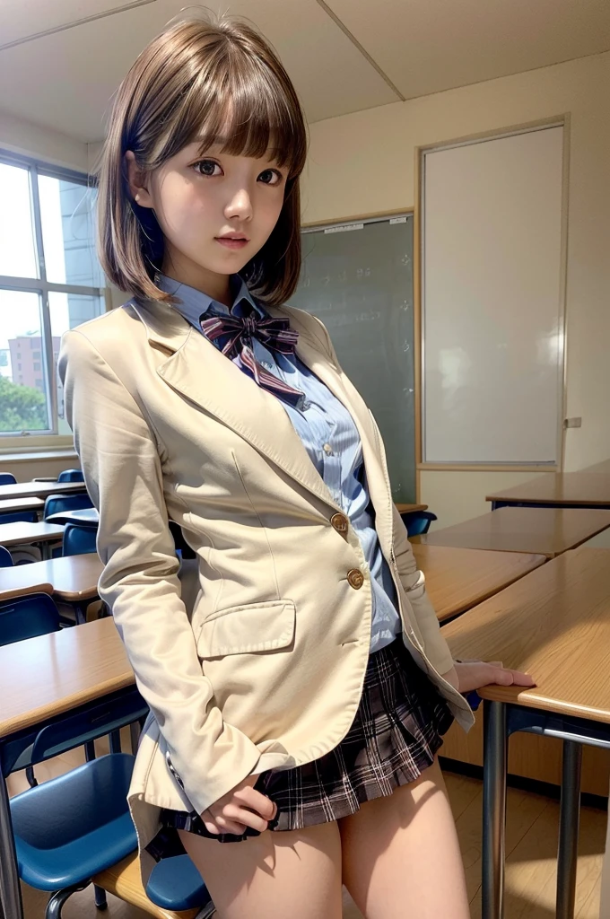 One Woman、((Standing wearing a blazer and miniskirt school uniform))、Primary school students,((small breasts)),Highest quality、Very delicate and beautiful、((Very short bangs))、((Bangs))、明るいつやのある茶色の髪のHighest quality、Very delicate and beautiful、((Very short bangs))、((blunt bangs))、Light shiny brown hair、The hair is light、((Short Bob))、Cute face、Young face、Cute like an idol、Are thin、Slim figure、slender、Short、 body type、((Background is an elementary school classroom))、Shooting from the side、Chair、Sitting、profile、