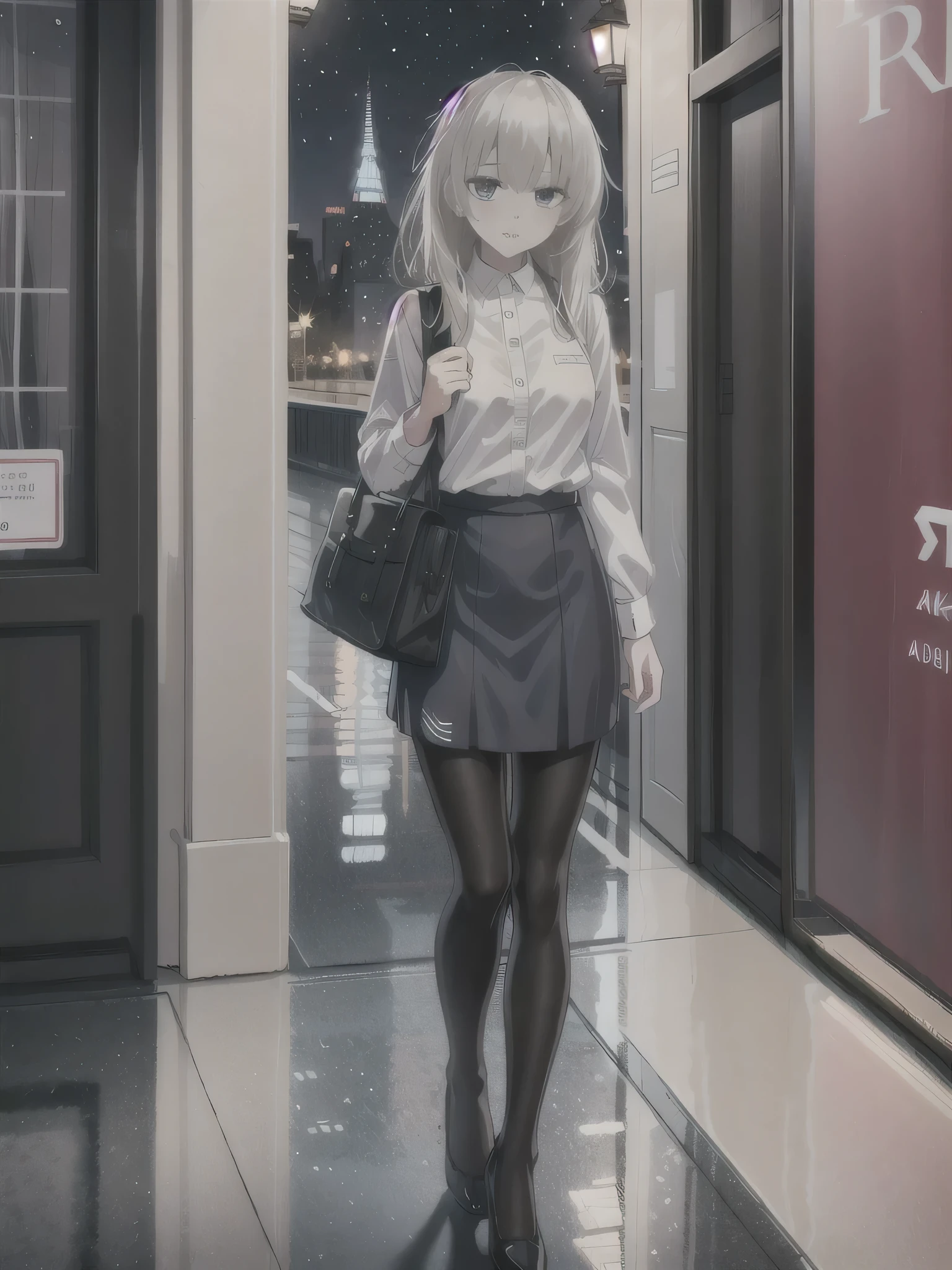 1girl, solo, female, ak-74m, white shirt, standing, full body shot's, blue skirt, outdoor, night, 4k, bokeh, pantyhose, carying a bag, mature woman, a date, one bag, high heels