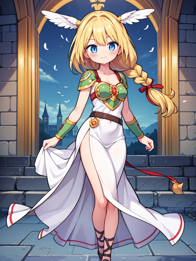 alone, one girl, Valkyrie, blonde, braid, single braid, cute, happy, nice smile, young, bright sunlight, Full body image, Are standing, dance, (masterpiece:1.2), best quality, masterpiece, top quality, looking at viewer, castle, castle gate, flowers, shining eyes, blush