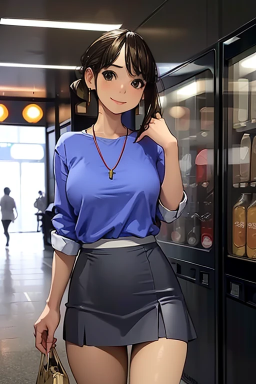 ((masterpiece,8K)), delicate, Soft Light, whole body,Beautiful Eyes,delicateな髪の毛の表現,smile,Red cheeks,Large Breasts,Blue Shirt,Short tight skirt,pantyhose,(Beautiful legs), Earrings, necklace,Sexy pose,vending machine,View your viewers,Sync-chan