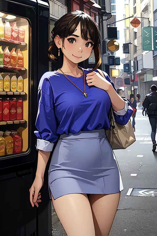 ((masterpiece,8K)), delicate, Soft Light, whole body,Beautiful Eyes,delicateな髪の毛の表現,smile,Red cheeks,Large Breasts,Blue Shirt,Short tight skirt,pantyhose,(Beautiful legs), Earrings, necklace,Sexy pose,vending machine,View your viewers,Sync-chan