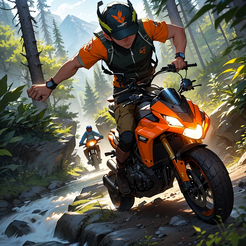 Create a logo for the TrailBlaze brand that represents the connection with nature and off-road adventure. Use elements such as mountains, trees and winding trails to convey the idea of exploration and endurance. The colors green, brown and orange should be predominant to evoke a sense of daring and excitement. Style the nameescribe:( "TrailBlaze" ) in a dynamic and modern way, reflecting the energy and passion for off-road trails. Make sure the logo conveys strength, freedom and adventure.
