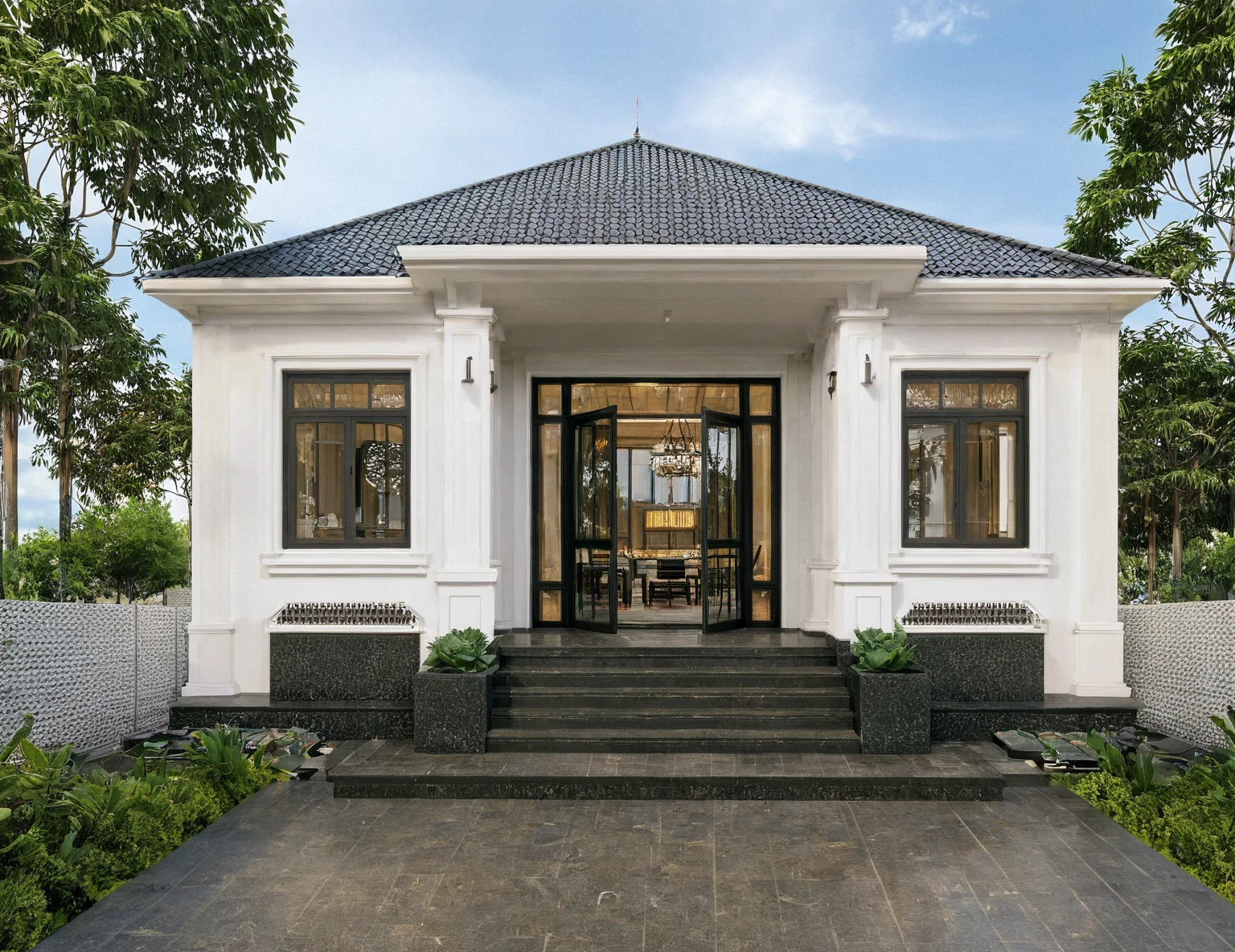 Raw photo,Masterpiece, high quality, best quality, authentic, super detail,
exterior, outdoors, house style indochine on the street ,aiaigroup
road,pavement, grass, trees, sky, cloud, (day:1.1)