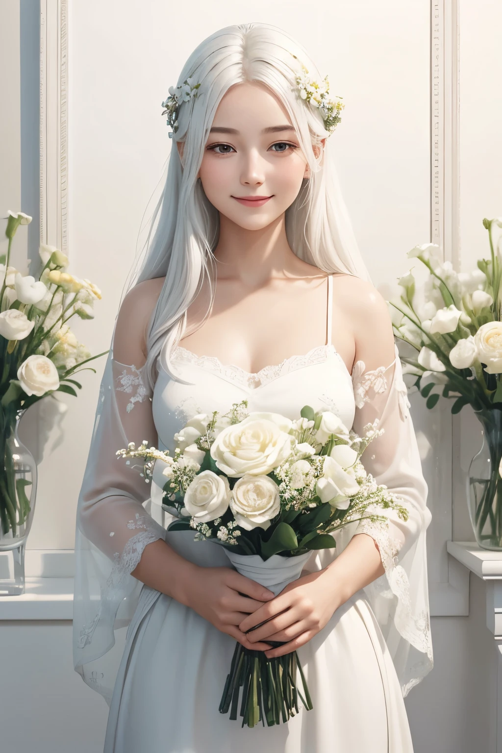 A radiant young girl, bathed in the soft glow of a white background, stands with a contented smile as she gently cradles an array of vibrant, whole flowers in her hands. Her long, cascading white hair frames her youthful features, and the bubble matte style and harmonious color tones of the artwork create a serene and peaceful atmosphere. The detailed depiction of the girl and her flowers, crafted from clay material, exudes a sense of simplicity and purity. With strong depth and a 3D perspective, this captivating scene is masterfully rendered in C4D and Blender, boasting high quality and high resolution, showcasing the image in a 9:
