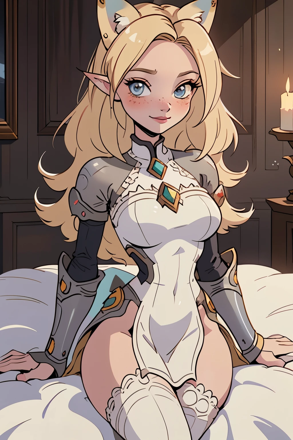 close up 1girl in, Solo, Aesthetic artwork, blond, straight blonde hair, super long blonde hair, light blue eyes,  some small freckles, pale skin, A-cup, small breasts, runners body, (thin hips, thin waist: 1.25), (large darker fox ears: 1.25), detailed skin, shy smile, (laying down: 1.25), wearing Warcraft armor, World of Warcraft for the alliance, Janea Proudmore, 50mm, 4k textures, soft cinematic light, RAW intricate, elegant, highly detailed, sharp focus, ((((cinematic look)))), soothing tones, insane details, intricate details, hyperdetailed, low contrast, soft cinematic light, dim colors, exposure blend, hdr, faded