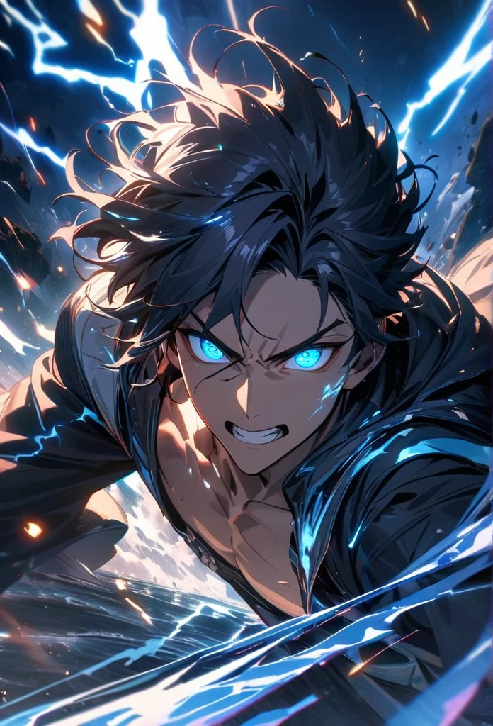 Symetrical,absurdres, highres, ultra detailed, HDR, masterpiece, extremely detailed face and eyes, tanjiro,,,  , solo, man, handsome, ,, , Epic fight scene, blue water effect, blue black  lightning effect,glowing glitters