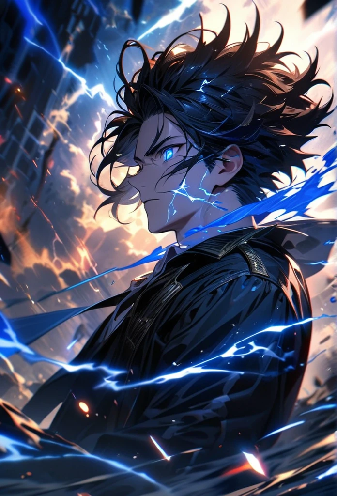 Symetrical,absurdres, highres, ultra detailed, HDR, masterpiece, extremely detailed face and eyes, tanjiro,,,  , solo, man, handsome, ,, , Epic fight scene, blue water effect, blue black  lightning effect,glowing glitters