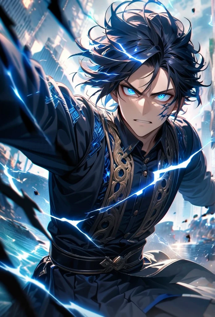 Symetrical,absurdres, highres, ultra detailed, HDR, masterpiece, extremely detailed face and eyes, tanjiro,,,  , solo, man, handsome, ,, , Epic fight scene, blue water effect, blue black  lightning effect,glowing glitters