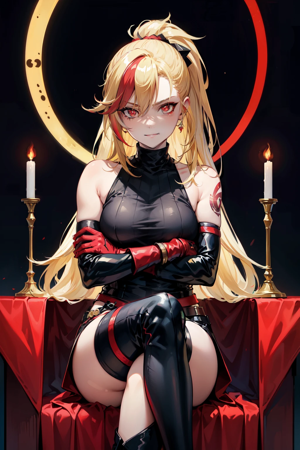 (masterpiece, best quality:1.2), red glowing eyes, red eyes, the eyes are red, perfect face, strong make up, highres, 1 girl, ultra long ponytail, (female:1.5), strife, blonde hair streaked with lots of red highlights, two colors hair (blond and red), hight flame mistress outfit, shoulder armor, sleeveless turtleneck, suspenders, belt, gloves, bracer pre potent smile, crossing legs, crossing arms , evil smile, evil pose, sitting, portrait, looking at viewer,  Her hair is streaked with lots red and blonde highlights, moon tribal tattoo.