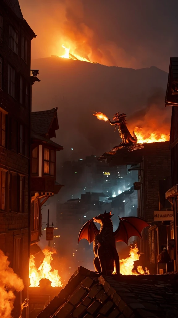 A dragon burns down the streets of medieval Europe with fire spewing from its mouth, while a kitten looks on from behind,、A cat watches from the top of a hill as a city is burned by a dragon、
3DCG,Hyper Real