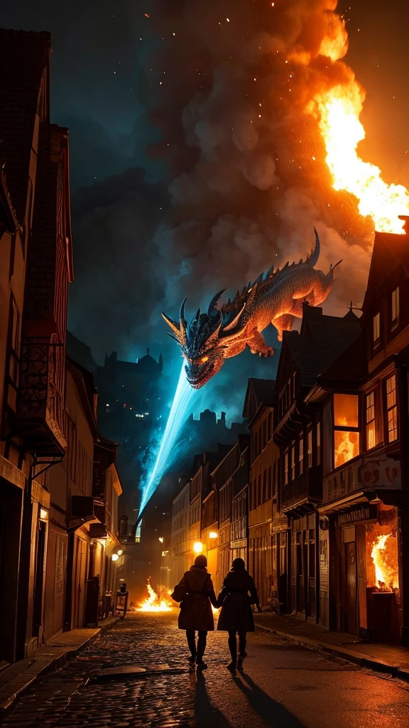 A dragon burns down the streets of medieval Europe with fire spewing from its mouth, while a kitten looks on from behind,、A cat watches from the top of a hill as a city is burned by a dragon、
3DCG,Hyper Real