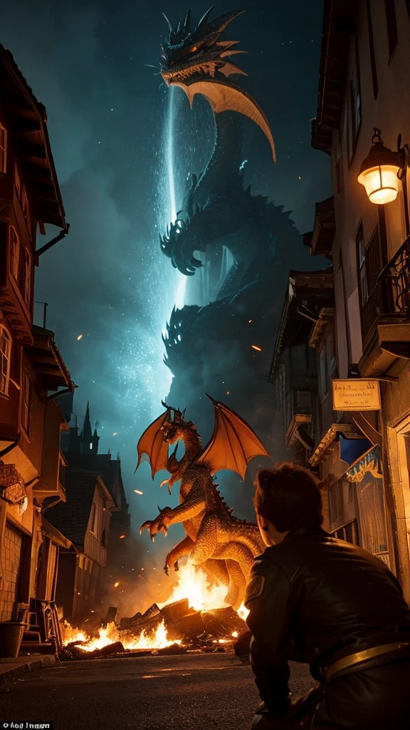 A dragon burns down the streets of medieval Europe with fire spewing from its mouth, while a kitten looks on from behind,、A cat watches from the top of a hill as a city is burned by a dragon、
3DCG,Hyper Real