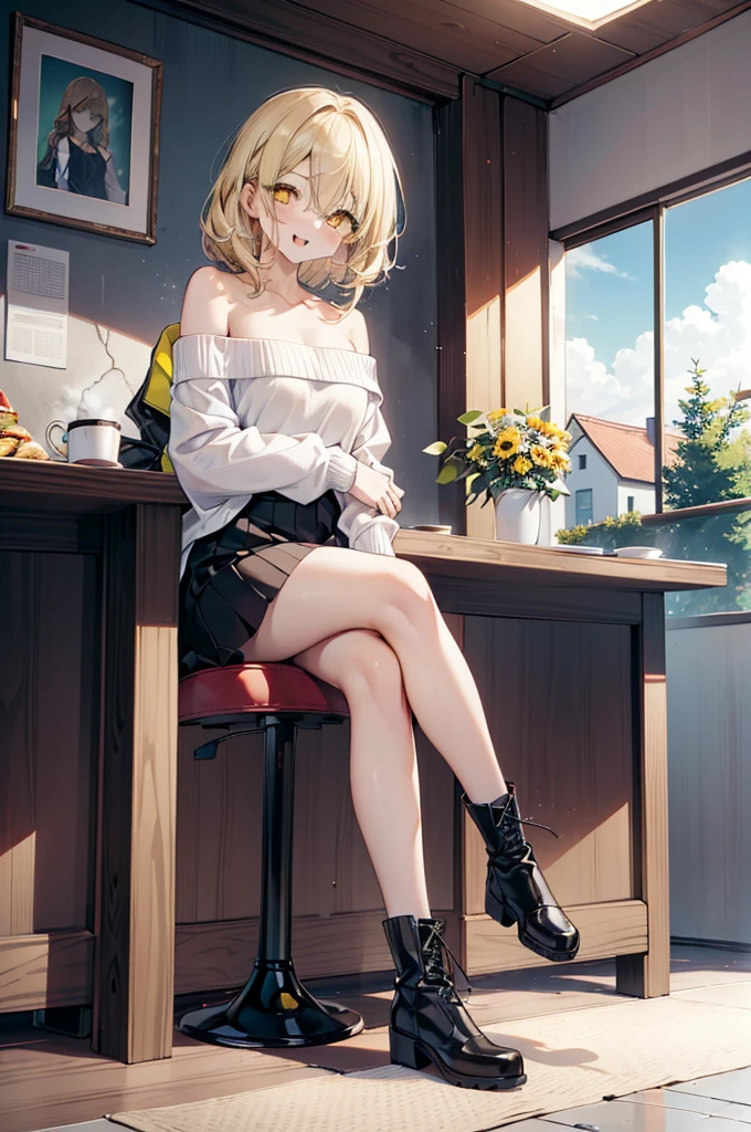 (アイスWallenstein, Wallenstein, blonde, Hair between the eyes, hair band, happy smile, smile, Open your mouth,Blonde,Long Hair, (Yellow Eyes:1.5),One-shoulder sweater,Long skirt,short boots,Sitting in a chair,There is food on the table,Daytime,Clear skies,whole bodyがイラストに入るように,　　　　　　　　　　　　　　　　　break looking at viewer, whole body,　　　　　　　　　　　break indoors,Coffee shop,,　　　　　　　　　　　　　　　 break (masterpiece:1.2), Highest quality, High resolution, unity 8k wallpaper, (shape:0.8), (Beautiful and beautiful eyes:1.6), Highly detailed face, Perfect lighting, Extremely detailed CG, (Perfect hands, Perfect Anatomy),