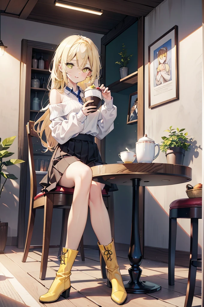 (アイスWallenstein, Wallenstein, blonde, Hair between the eyes, hair band, happy smile, smile, Open your mouth,Blonde,Long Hair, (Yellow Eyes:1.5),One-shoulder sweater,Long skirt,short boots,Sitting in a chair,There is food on the table,Daytime,Clear skies,whole bodyがイラストに入るように,　　　　　　　　　　　　　　　　　break looking at viewer, whole body,　　　　　　　　　　　break indoors,Coffee shop,,　　　　　　　　　　　　　　　 break (masterpiece:1.2), Highest quality, High resolution, unity 8k wallpaper, (shape:0.8), (Beautiful and beautiful eyes:1.6), Highly detailed face, Perfect lighting, Extremely detailed CG, (Perfect hands, Perfect Anatomy),