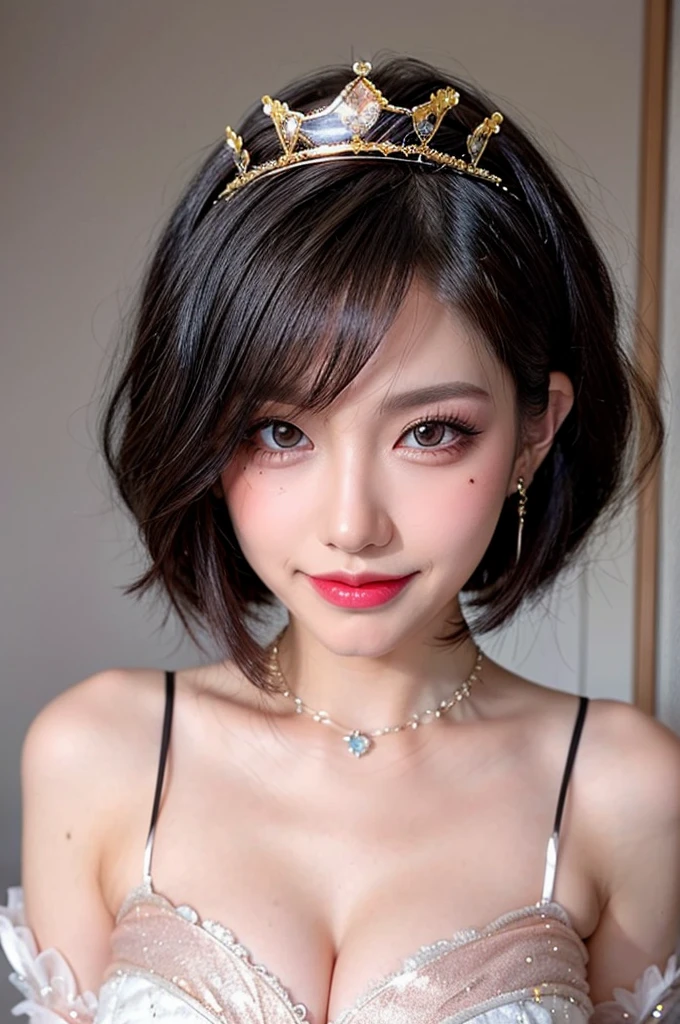 black hair, hair bobbles, longeyelashes, solid circle eyes, light smile, mole under eye, heart earrings, light smile, shy, puckered lips, Surrealism, drop shadow, stereogram, pov, atmospheric perspective, depth of field, first-person view, f/1.8, 8k, super detail, ccurate, best quality, highres, best quality,short cut hair, (beautiful detailed makeup), (sexually aroused blushing heavy breathing:1.0), (soft glow bloom:0.5),mole under eye:1.4,from the thighs up:1.4,smile:1.2,((Queen:1.4)),((princess outfit:1.4)),