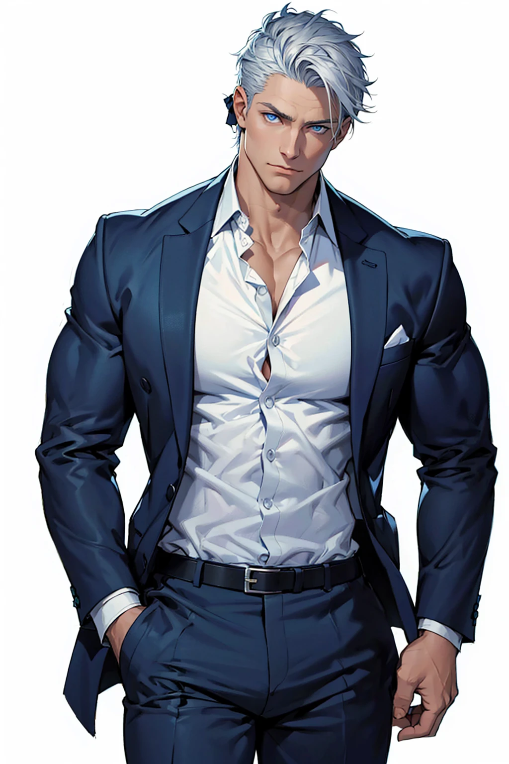 Drawing of a young Chad, Dark blue suit,tie, White shirt,Pants, Looking at the camera, male,Silver short hair,Blue Eyeuscle,bodyguard,Solid color background