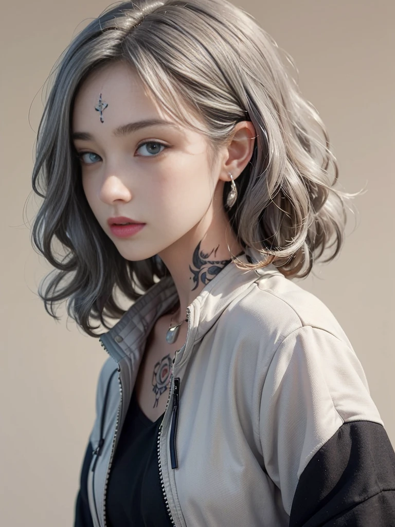 (((masterpiece)), ((best quality)), (ultra-detailed), ((extremely detailed)), 4K, (8K), best quality, a beautiful woman, (( gray hair)), ((curly bob cut)), hair in 7 thirds, light blue eyes, detailed skin, freckled skin, 20 years old, ((wavy hair)), ((hair over one ear)), ((Forehead)), ((1girl, solo)), from side, ((large tattoo on neck)), beautiful profile, looking away, beautiful neck, black jacket, jacket style, solid beige background