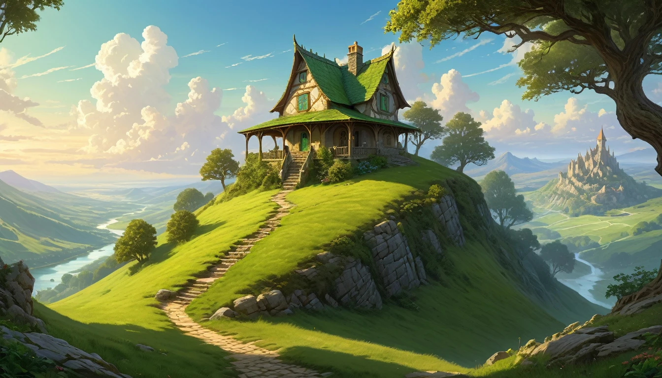 (by Greg Rutkowski: 1.2), (masterpiece, best quality, high resolution, highly detailed, depth of filed, HDR:1.2), extremely delicate and beautiful, illustration, pale colors, (fantasy landscape, from dungeon and dragons), A mesmerizing fantasy with enchanting elements blending seamlessly. ((a humble small house in the hill, overlaying hill, trees, green)