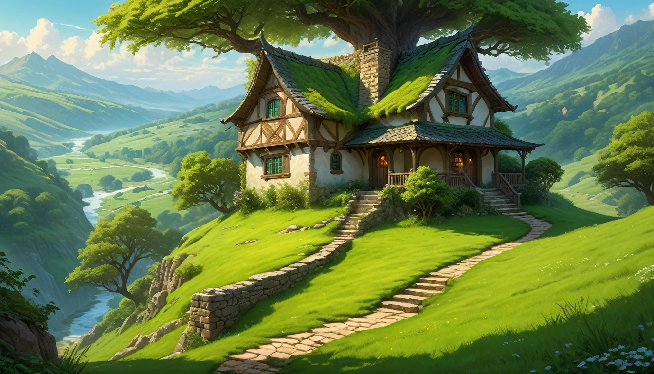 (by Greg Rutkowski: 1.2), (masterpiece, best quality, high resolution, highly detailed, depth of filed, HDR:1.2), extremely delicate and beautiful, illustration, pale colors, (fantasy landscape, from dungeon and dragons), A mesmerizing fantasy with enchanting elements blending seamlessly. ((a humble small house in the hill, overlaying hill, trees, green)