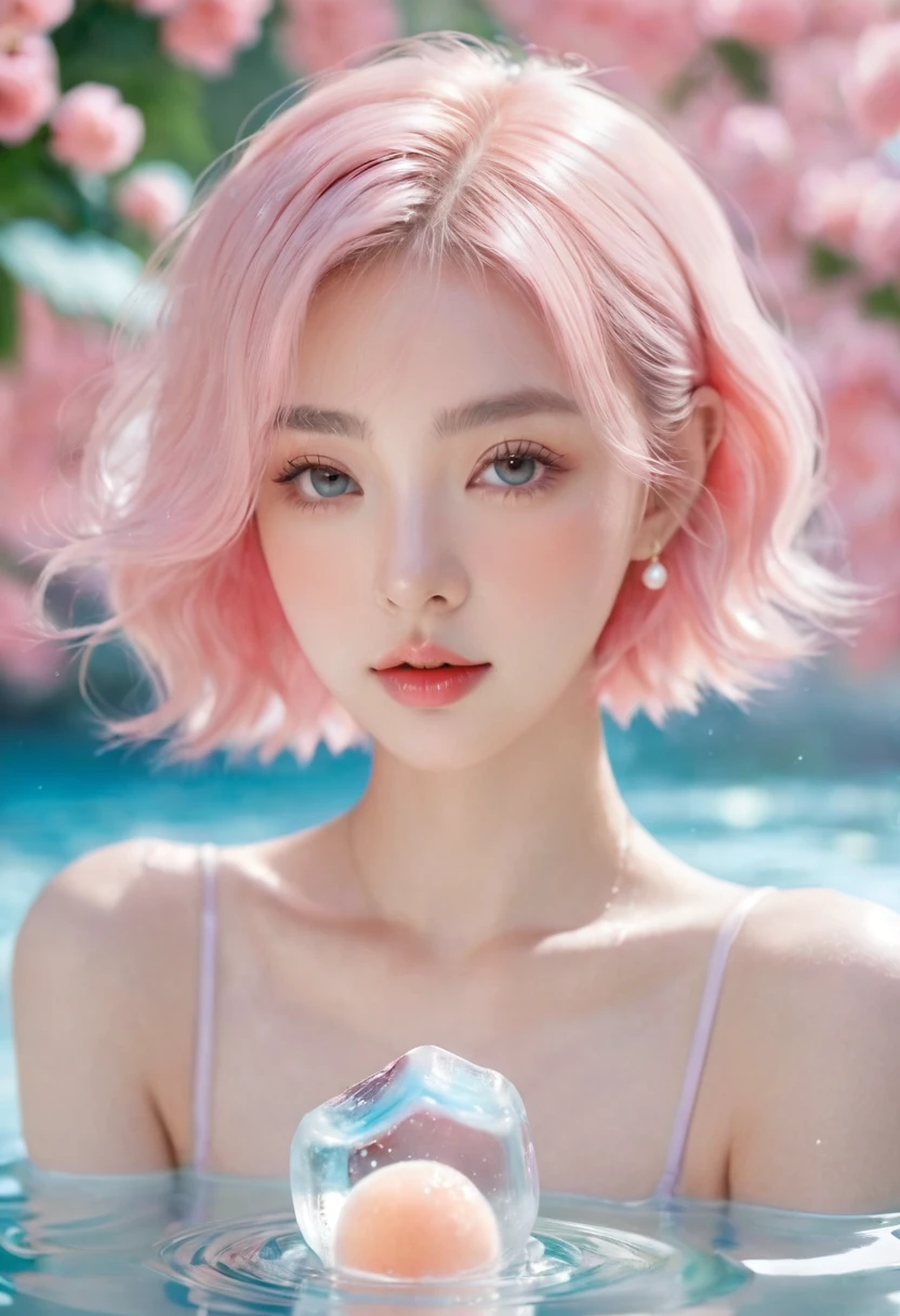 夏日Peach少女,Dopamine teenage, Cool summer days,Ice cubes,The watery girl,Delicate skin,Hydration,Shiny,Shiny,dream,Front view,bust,pearl,Peach,pink