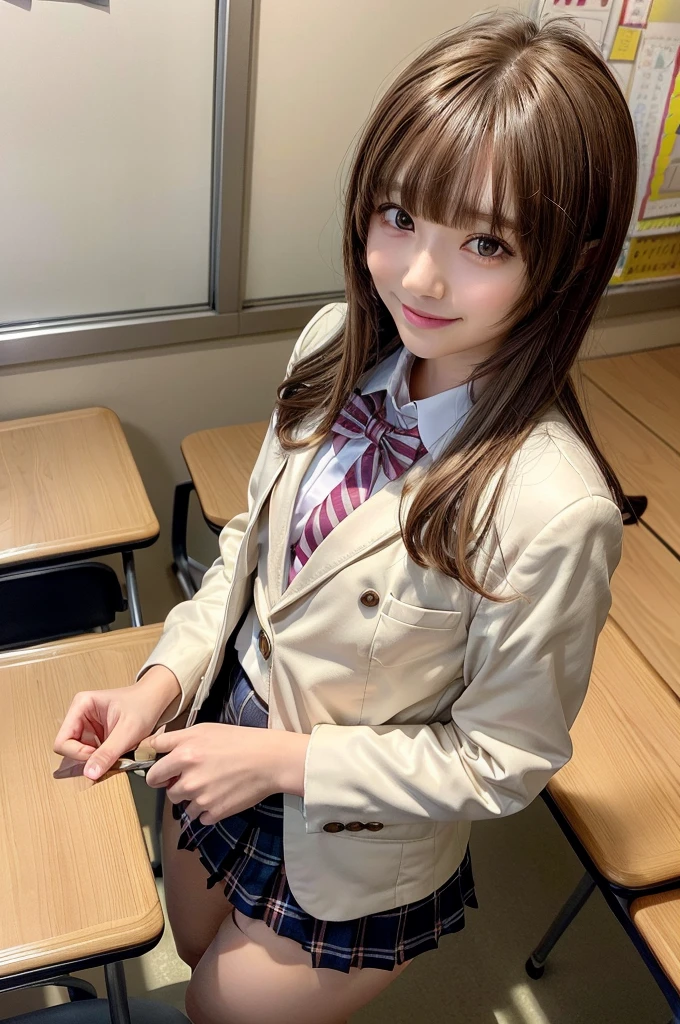 One Woman、((Standing wearing a blazer and miniskirt school uniform))、Primary school students,((small breasts)),Highest quality、Very delicate and beautiful、((Very short bangs))、((Bangs))、明るいつやのある茶色の髪のHighest quality、Very delicate and beautiful、((Very short bangs))、((blunt bangs))、Light shiny brown hair、The hair is light、((Short Bob))、Cute face、Young face、Cute like an idol、Are thin、Slim figure、slender、Short、 body type、((Background is an elementary school classroom))、Shot from above、Chair、Sitting、The best smile、