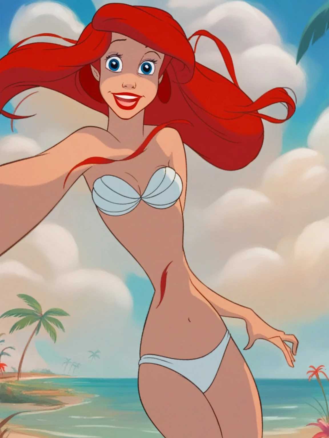 ar_el, 1girl, fair skin, red lips, red hair, large aqua-blue eyes,  looking at viewer, standing, breeze, front view, spreading legs, dancing, hula, beachfront, bottomless white bra, high quality, score_9, score_8_up, score_7_up, kicking off white panties