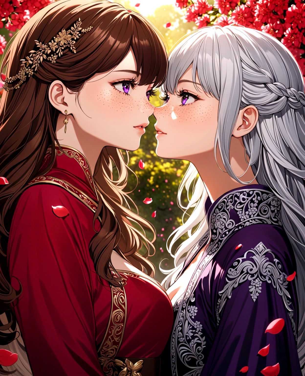 beautiful anime girls, two girls kissing, one girl has short wavy brown hair and a fancy red suit, the other has silver hair, freckles. Dark purple robes, long skirt, petals, dark eyelashes, perfect eyes, perfect face, intricate, intricate details, epic, character portrait, cinematic portrait, anime, anime art