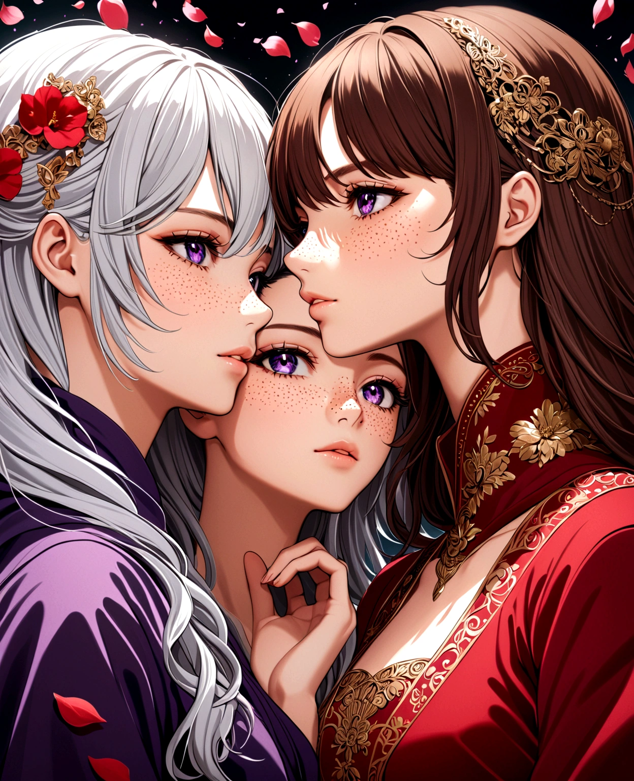 beautiful anime girls, two girls kissing, one girl has short wavy brown hair and a fancy red suit, the other has silver hair, freckles. Dark purple robes, long skirt, petals, dark eyelashes, perfect eyes, perfect face, intricate, intricate details, epic, character portrait, cinematic portrait, anime, anime art