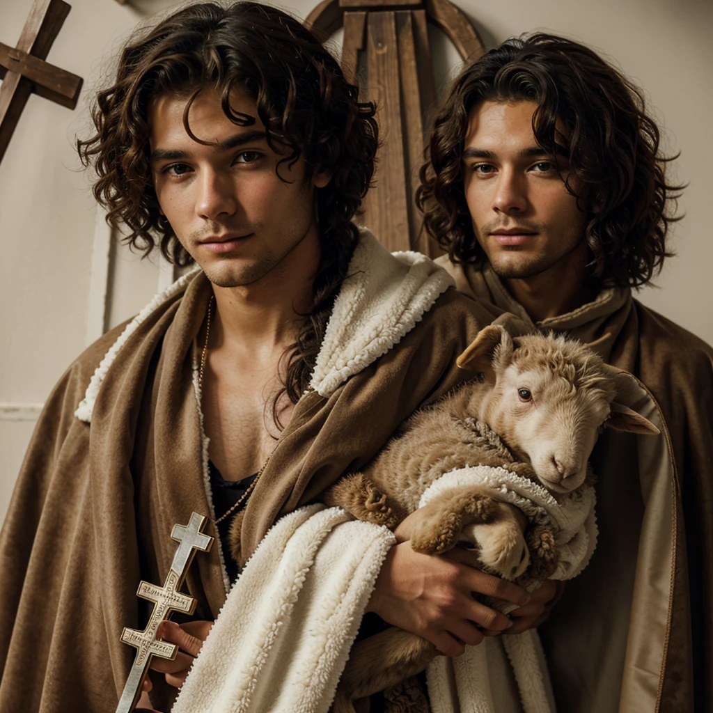 Saint Saint John, young man with curly hair, wearing a sheepskin cloak, holding a sheep in his arms and holding a cross.