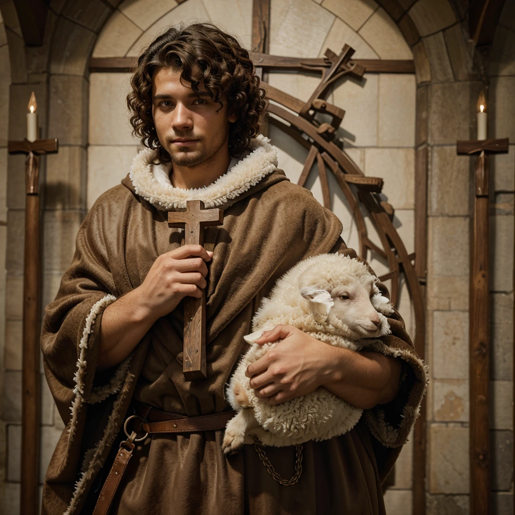 Saint Saint John, young man with curly hair, wearing a sheepskin cloak, holding a sheep in his arms and holding a cross.