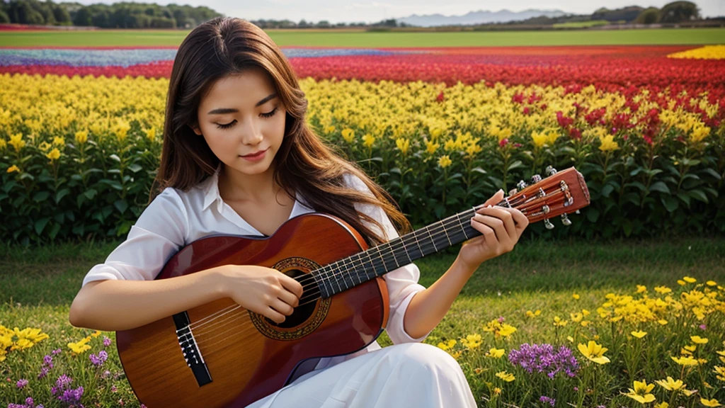 Beautiful woman playing classical guitar、Perfect Face、The background is a colorful flower field