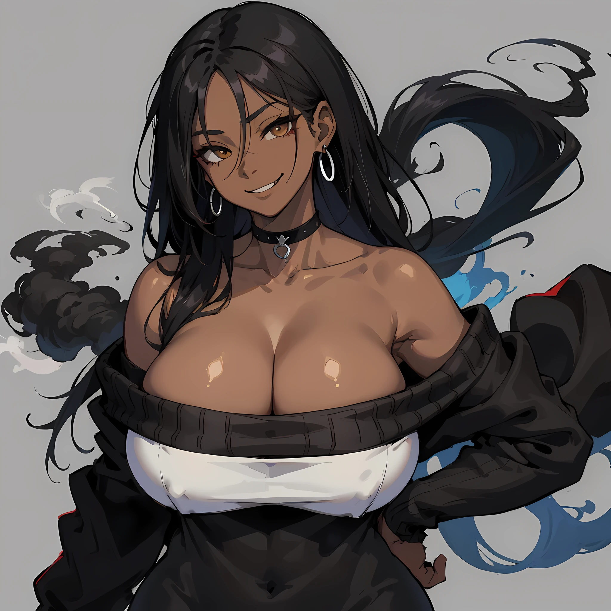 kpop girl with rizz smile face, bad ass, long black messy hair, black sweater, smoke background ,jht, dark skin, huge , curvy body, cleavage, shoulder free, choker, hand on hip