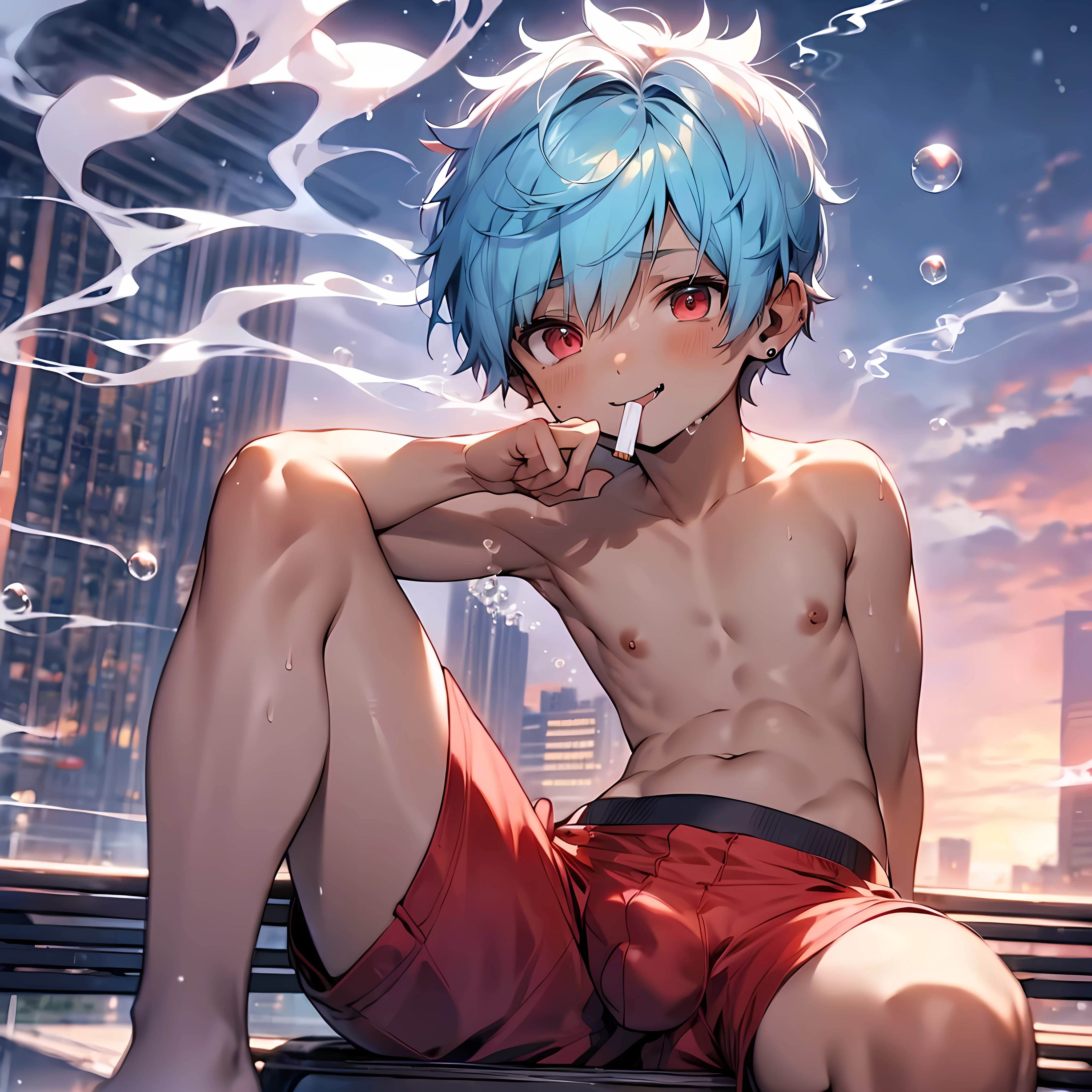 (solo:2), (boldline:-1.8), (smoking:1.6), (((bubble))), (sitting on bench:1.5), (spread legs:1.5), (((fang))), (((best finger))), BREAK (best quality:1.5), (absolutely resolution:1.5), (ultra detailed:1.5), (masterpiece:1.5), (perfect face), (detailed face), (detailed eyes), (best eyes), (cute face), (shota:2), BREAK (topless:1.5), BREAK (red short pants:1.5), (see throgh wet clothes:1.2), (bulge:1.6), (skinny:1.3), (spiked hair), BREAK (light blue hair:1.5), (wine red eyes:1.4), (eyes with highlight:1.6), ((mole under eye)), (sweaty skin), (chuckling:1.5), ((earrings)), (shiny skin:1.3), BREAK (garden), (building:1.5), (at twilight:1.5), ((wind blowing)), ((nipple)), abs, groin,