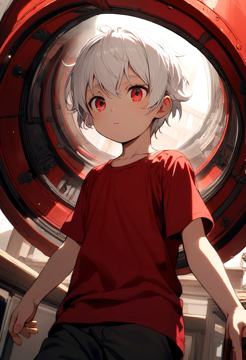 6 year old boy, white hair, red hat, red eyes, red tank top and pants inside.