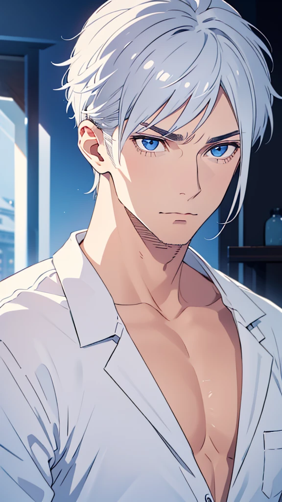 Boy, silver grey hair, blue eyes, serious sharp features, white skin, handsome, shirt, jacket 