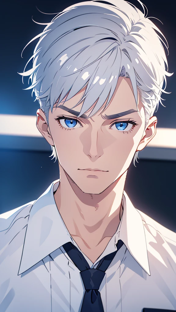 Boy, silver grey hair, blue eyes, serious sharp features, white skin, handsome, shirt, jacket