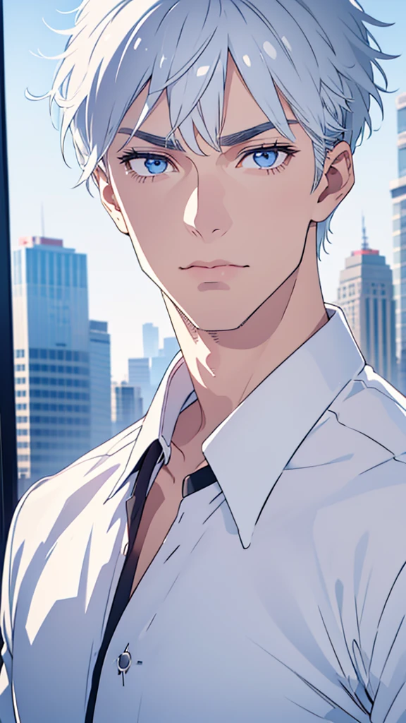 Boy, silver grey hair, blue eyes, serious sharp features, white skin, handsome, shirt, jacket
