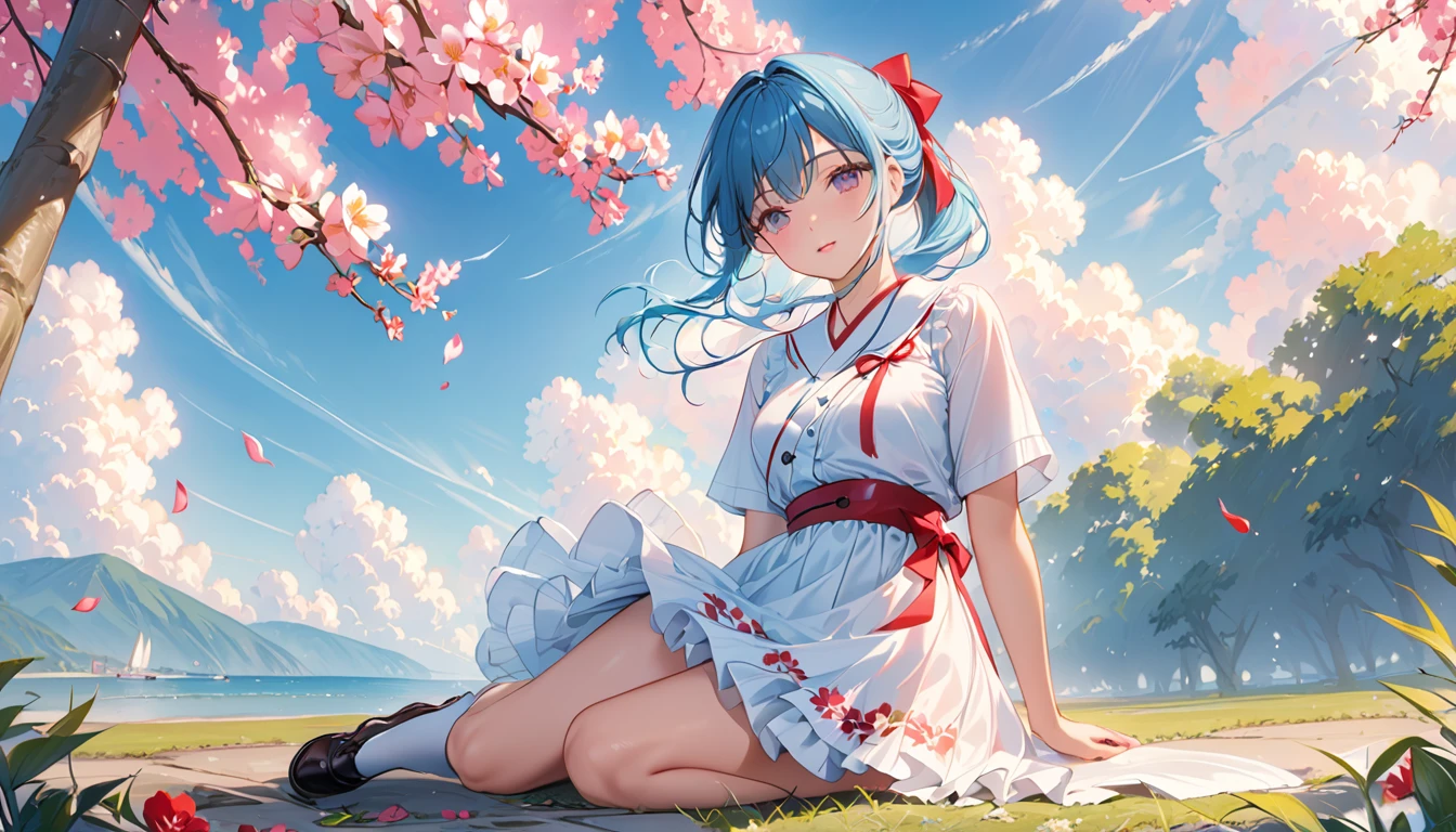 (detailedな美しい目とdetailedな顔、masterpieceサイドライト、masterpiece、Highest quality、detailed、High resolution illustrations)、(1 Girl、beautiful girl、Skin gloss)、(Sky Blue Hair、Pink Eyes、skirt、ribbon、Button-down shirt)(Kneel on the ground)