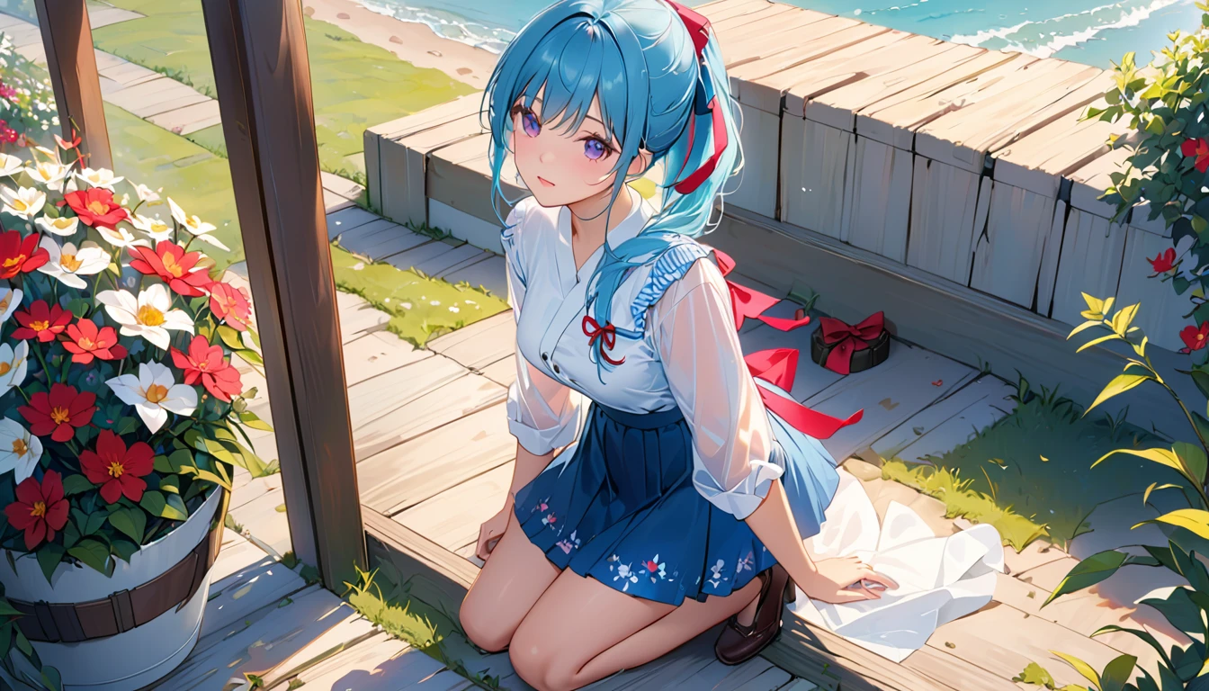 (detailedな美しい目とdetailedな顔、masterpieceサイドライト、masterpiece、Highest quality、detailed、High resolution illustrations)、(1 Girl、beautiful girl、Skin gloss)、(Sky Blue Hair、Pink Eyes、skirt、ribbon、Button-down shirt)(Kneel on the ground)