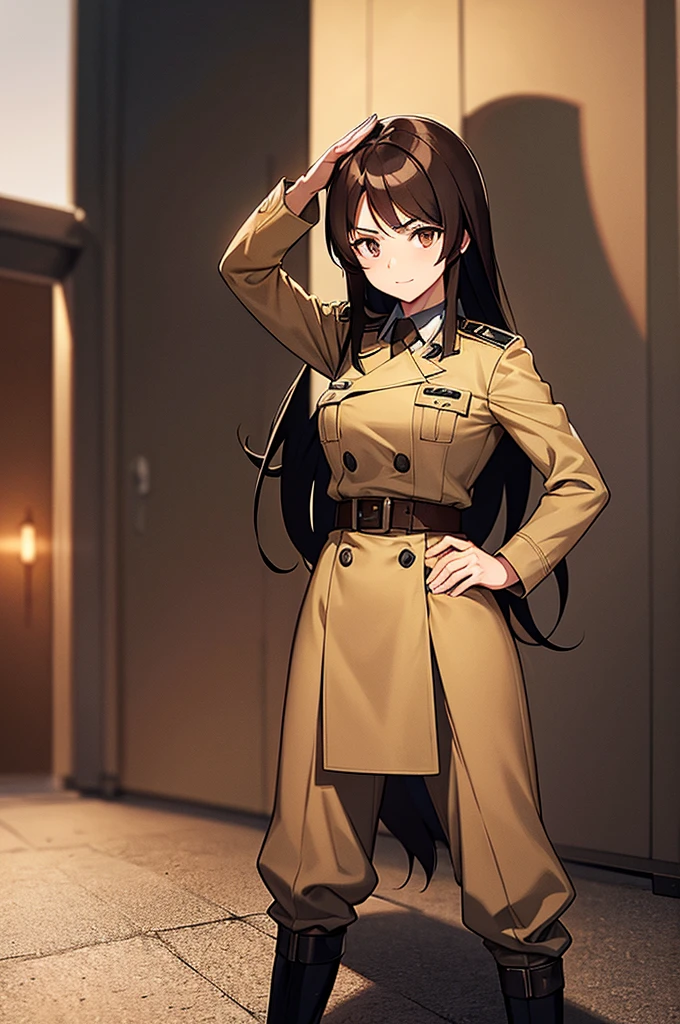 Content: A brown anime woman in a military uniform. She has dark brown eyes, brown skin, brown hair that ends halfway down her back, and military boots. Her military uniform has themes of brown to reflect the desert background, and she carries binoculars. Her appearance is loosely inspired by Erwin Rommel. She wears a confident smile, looking very mature, with her hands on her hips. Medium: Digital art, anime illustration. Style: Pixiv contest winner, fine art, with elements inspired by historical military aesthetics and anime character design. Lighting: Dramatic, with strong contrasts to highlight her authoritative presence and the details of her uniform. Subtle shadows to add depth and realism. Colours: A palette dominated by military greens, browns, and blacks to reflect the desert environment. Composition: A full body shot. She salutes to the camera, showcasing her confidence and authority.