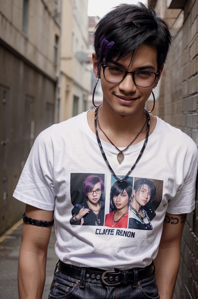 Anime a man, short hair mixed with black, red and purple, handsome face, wearing glasses, wearing an earring in the left ear, wear a cable headset, wearing levis, white t-shirt, wearing a punk necklace, and punk bracelets, also a punk belt. torn trousers, sweet smiling facial expression, campus class background