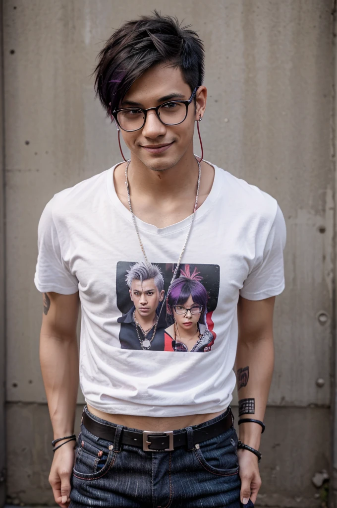 Anime a man, short hair mixed with black, red and purple, handsome face, wearing glasses, wearing an earring in the left ear, wear a cable headset, wearing levis, white t-shirt, wearing a punk necklace, and punk bracelets, also a punk belt. torn trousers, sweet smiling facial expression, campus class background