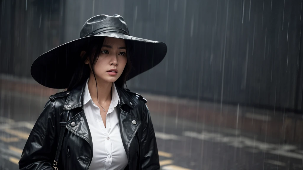 "A lone woman, dressed in a dark trench coat and a wide-brimmed hat, walks briskly through the rain-soaked streets. She occasionally glances over her shoulder, her expression tense and alert. The camera zooms in on her face, revealing her determined yet worried eyes."